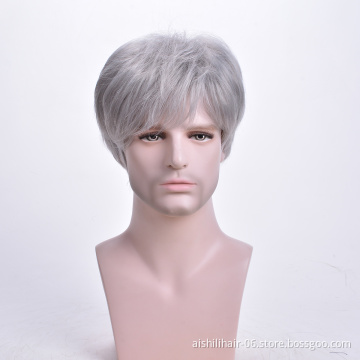 Aishili wholesale short grey natural silky straight toupee remy hair synthetic wigs for men